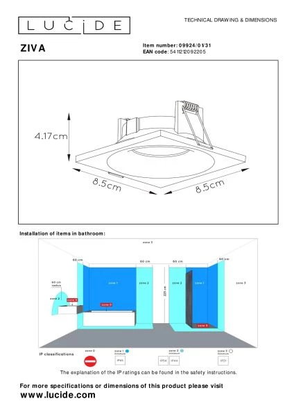 Lucide ZIVA - Inbouwspot Badkamer - 1xGU10 - IP44 - Wit - technisch